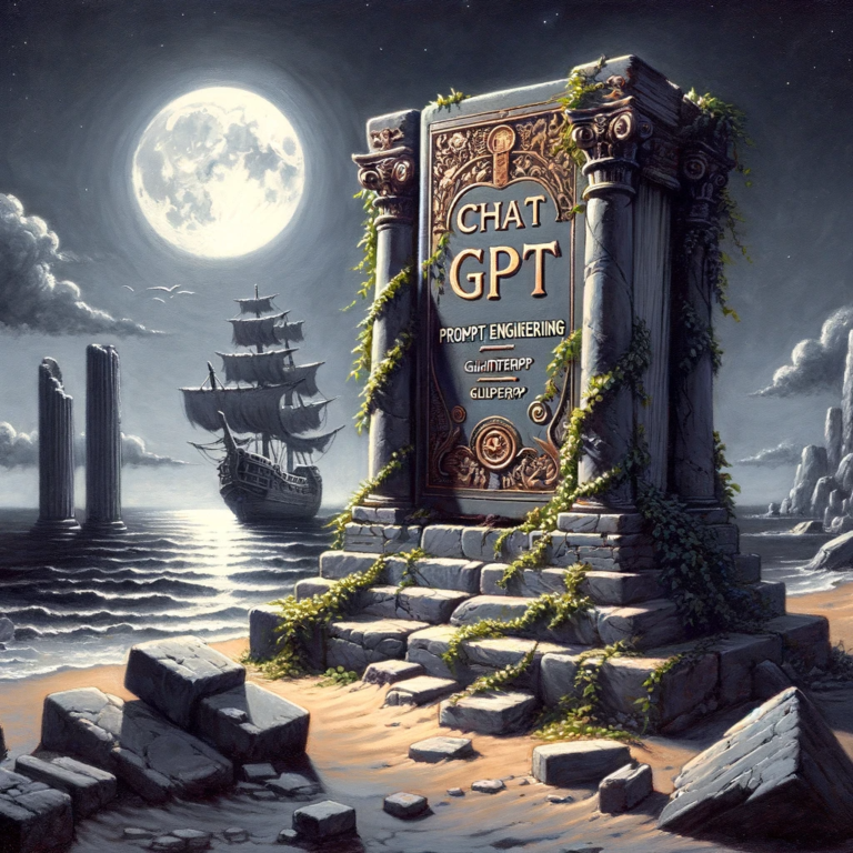 DALL·E 2023 12 15 15.22.00 A gouache painting of a venerable tome titled Chat Gpt with Prompt Engineering as the subtitle nestled amid ancient ruins on a moonlit beach. The