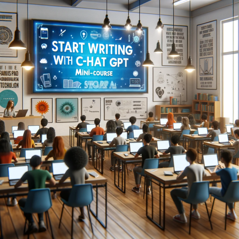 DALL·E 2023 12 25 22.09.31 A 3D render of a modern classroom setting with a large interactive whiteboard displaying Start Writing With ChatGPT Mini Course . Students of divers