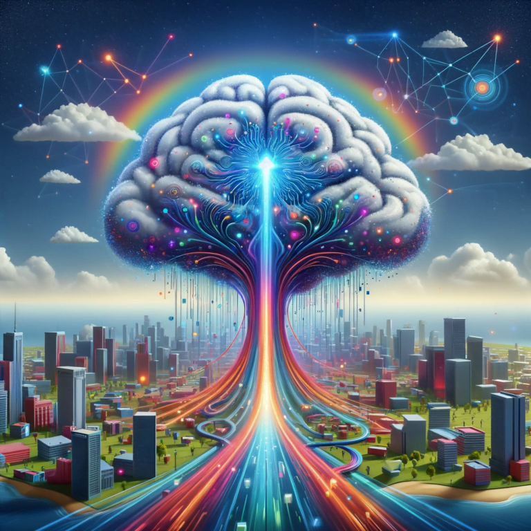 DALL·E 2023 12 25 22.31.11 A conceptual illustration of a giant AI brain over a cityscape symbolizing Unlock the Power of AI to Generate 10x more Content . Streams of data flo